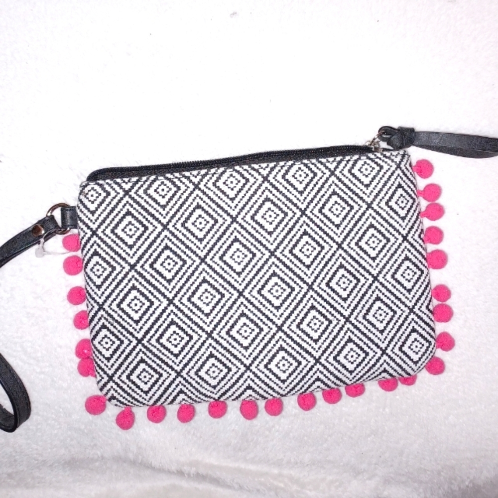 American Eagle Wristlet Purse Makeup Pouch Geo Print Pink Pom-Poms NWOT